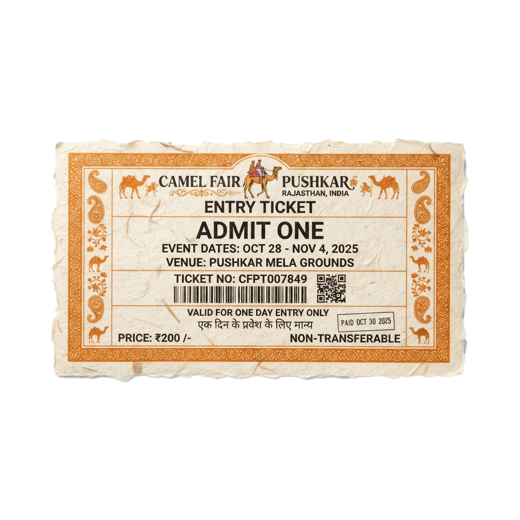 Camel Fair Pushkar entry ticket valid for one day admission, priced at 200 rupees, dated October 30, 2025.