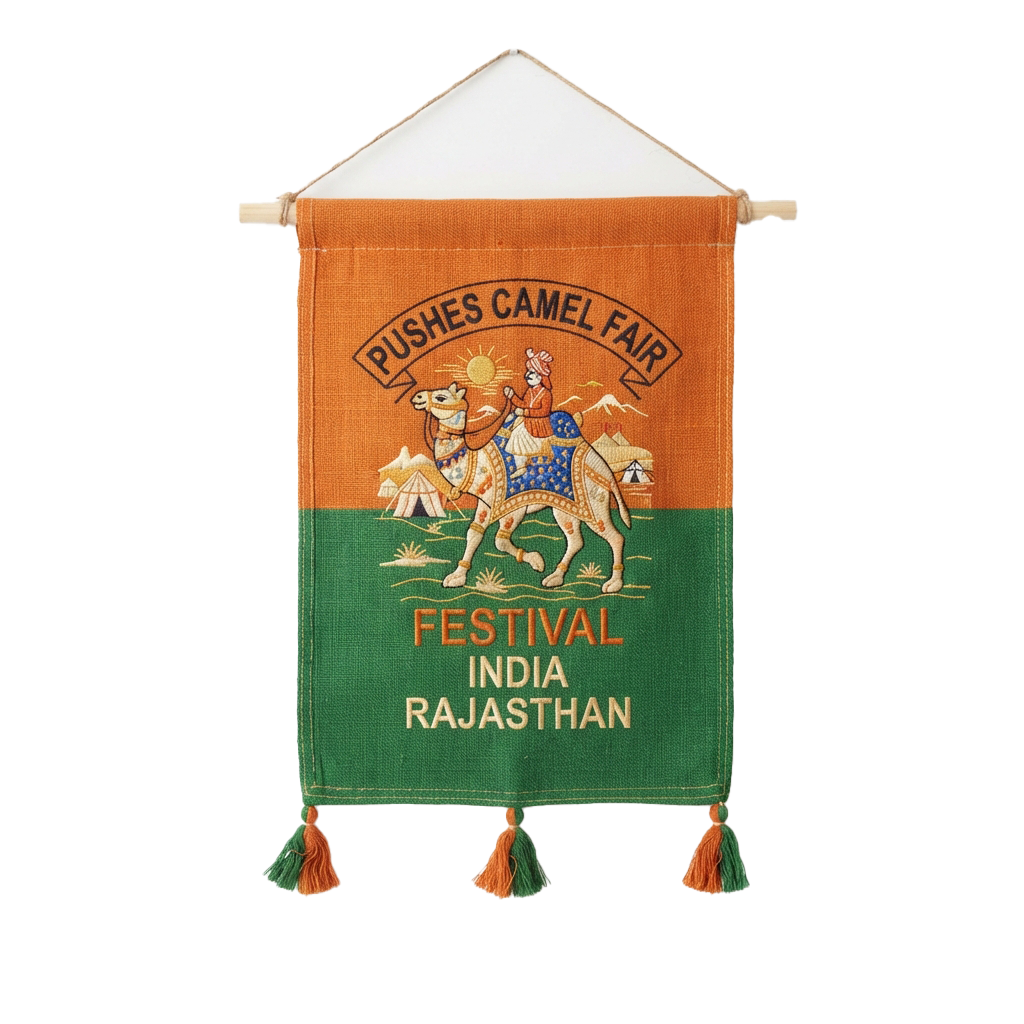 Colorful fabric banner depicting a camel rider at the Pushkar Camel Fair in Rajasthan, India