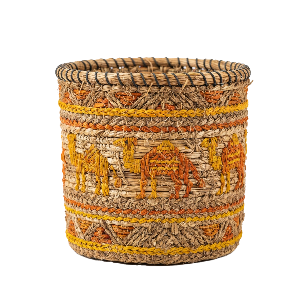 A cylindrical woven basket featuring natural fibers in earthy tones with a geometric pattern.