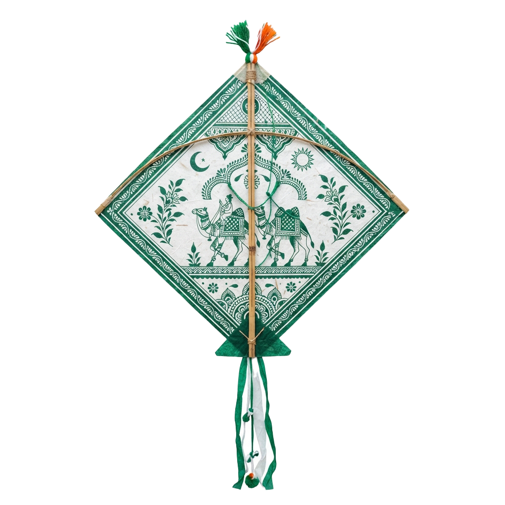 Diamond-shaped kite with green and white intricate camel and floral artwork, hanging against black background