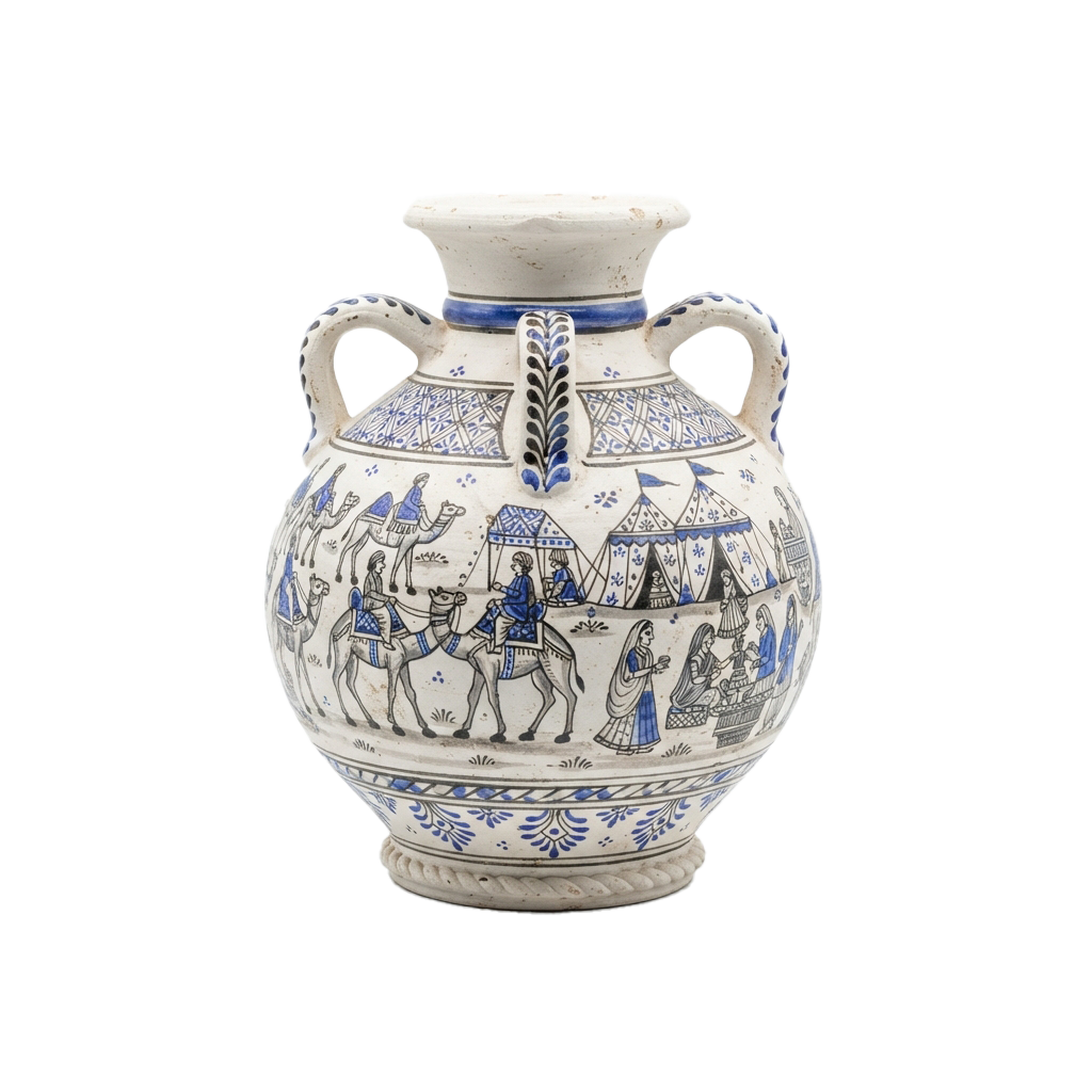 Ceramic vase with blue and white painted camels, riders, and tents on its surface
