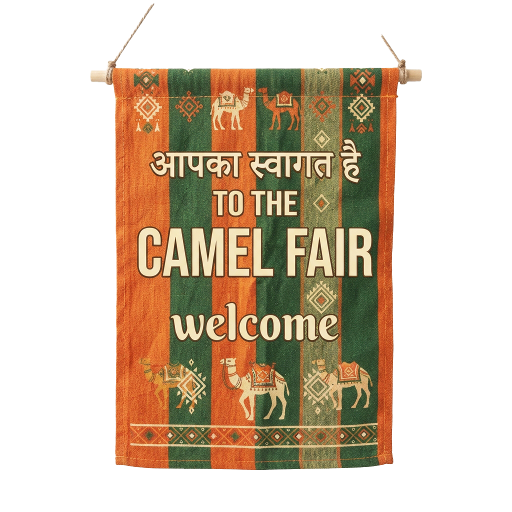 Colorful banner welcoming visitors to a camel fair with camels and Hindi text
