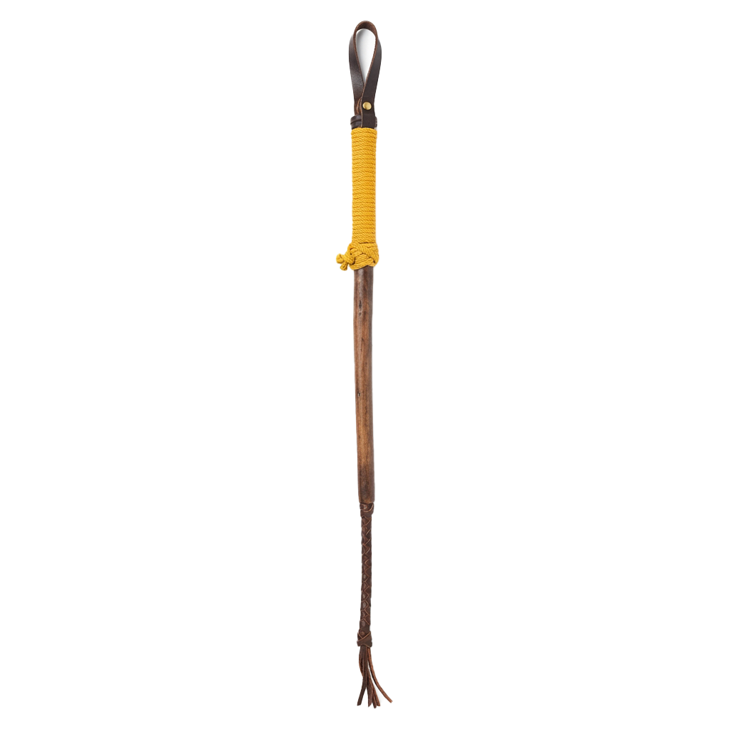 A wooden wand with a yellow wrapped handle and a silver tip against a black background