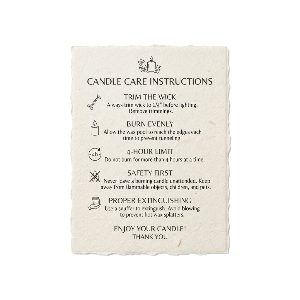Vintage-style candle care instructions poster with icons for trimming wicks, burning safely, and extinguishing candles properly