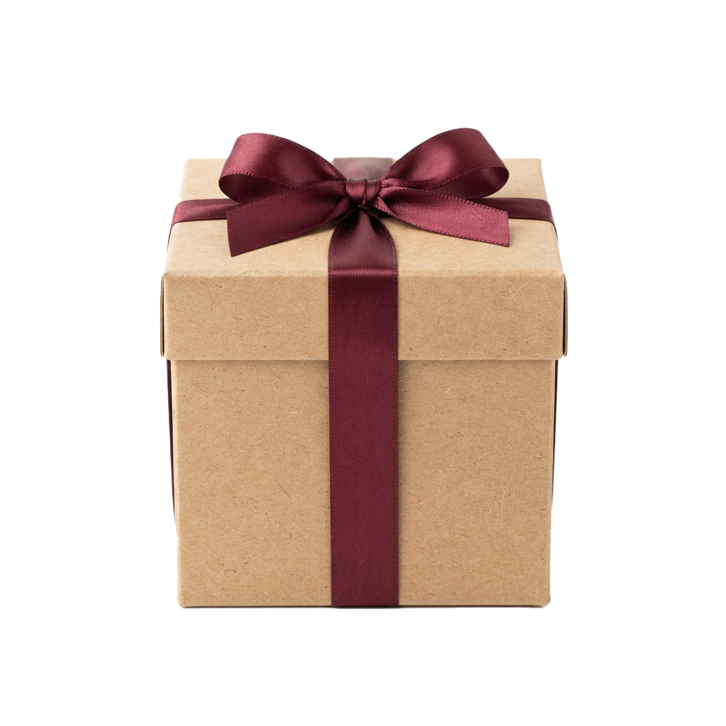 Square gift box wrapped with a burgundy ribbon tied in a decorative bow on top