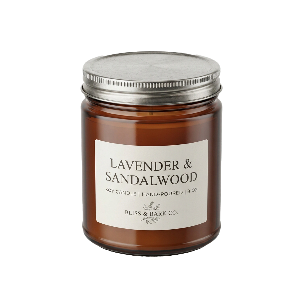 A glass jar candle with a metal lid, labeled Lavender and Sandalwood, soy wax, hand-poured, 8 ounces
