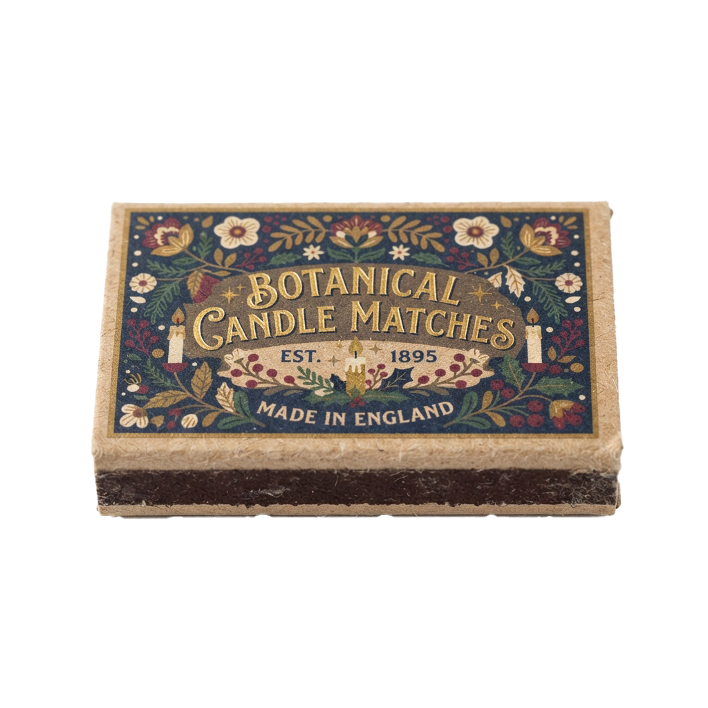Old-fashioned box of botanical candle matches with floral design and EST 1895 label