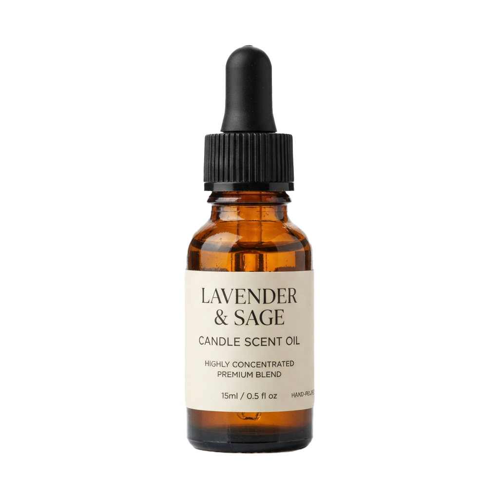 A small amber glass bottle with a black dropper cap containing lavender and sage candle scent oil