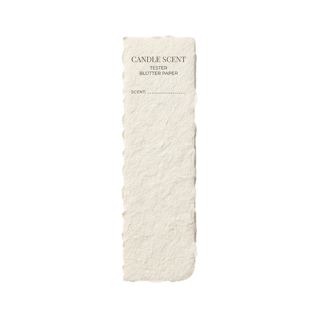 White textured blotter paper labeled candle scent tester with space for scent name