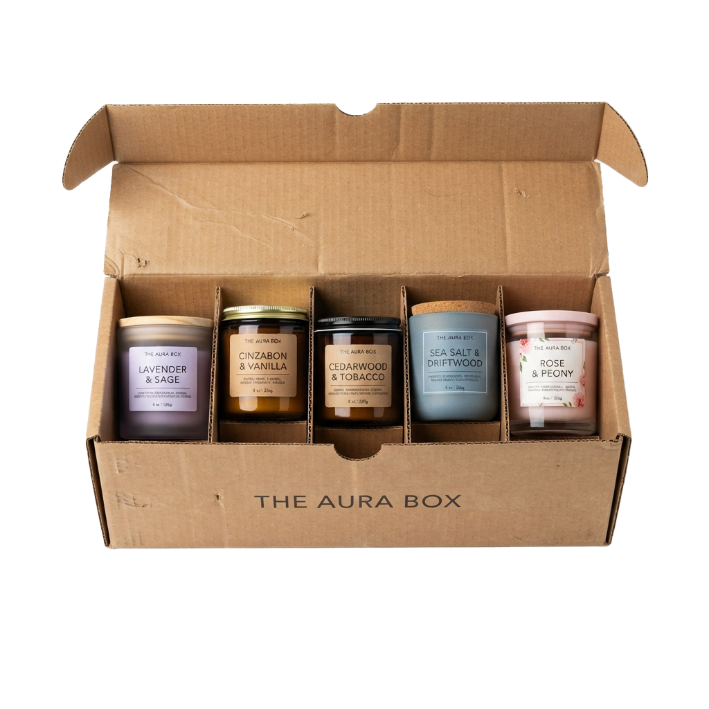 Open cardboard box containing five scented candle jars labeled Lavender Sage, Cinnamon Vanilla, Cedarwood Tobacco, Sea Salt Driftwood, and Rose Peony