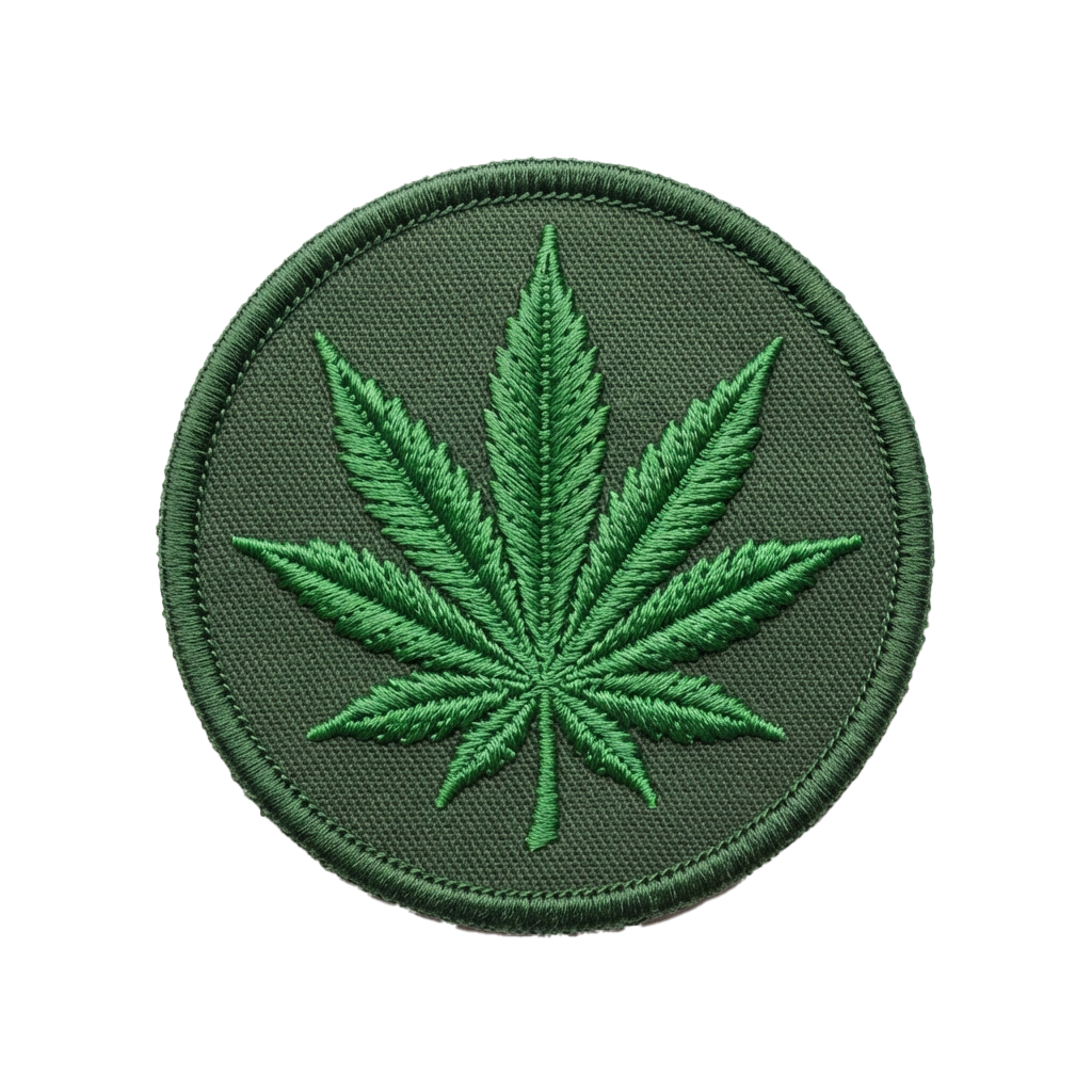 Round green embroidered patch featuring a stylized cannabis leaf