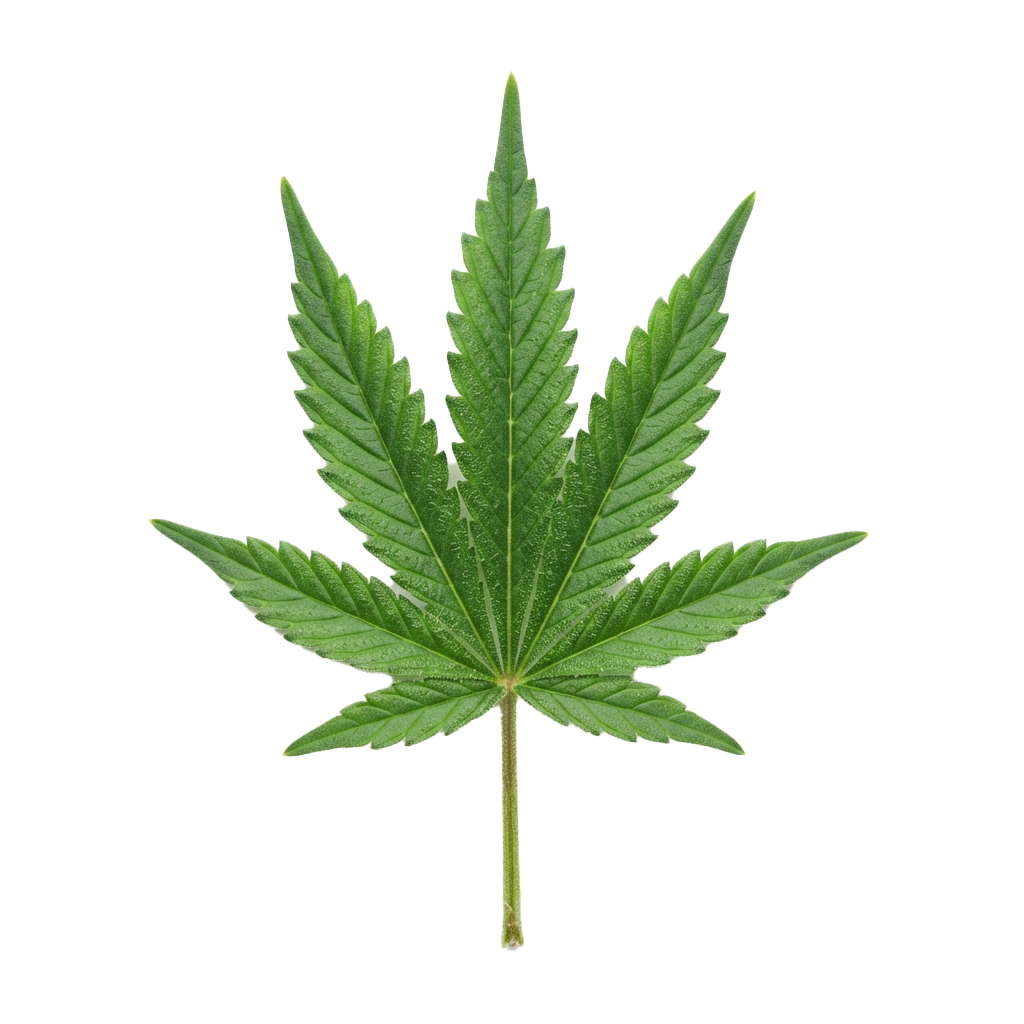 Single green cannabis leaf with serrated edges against black background