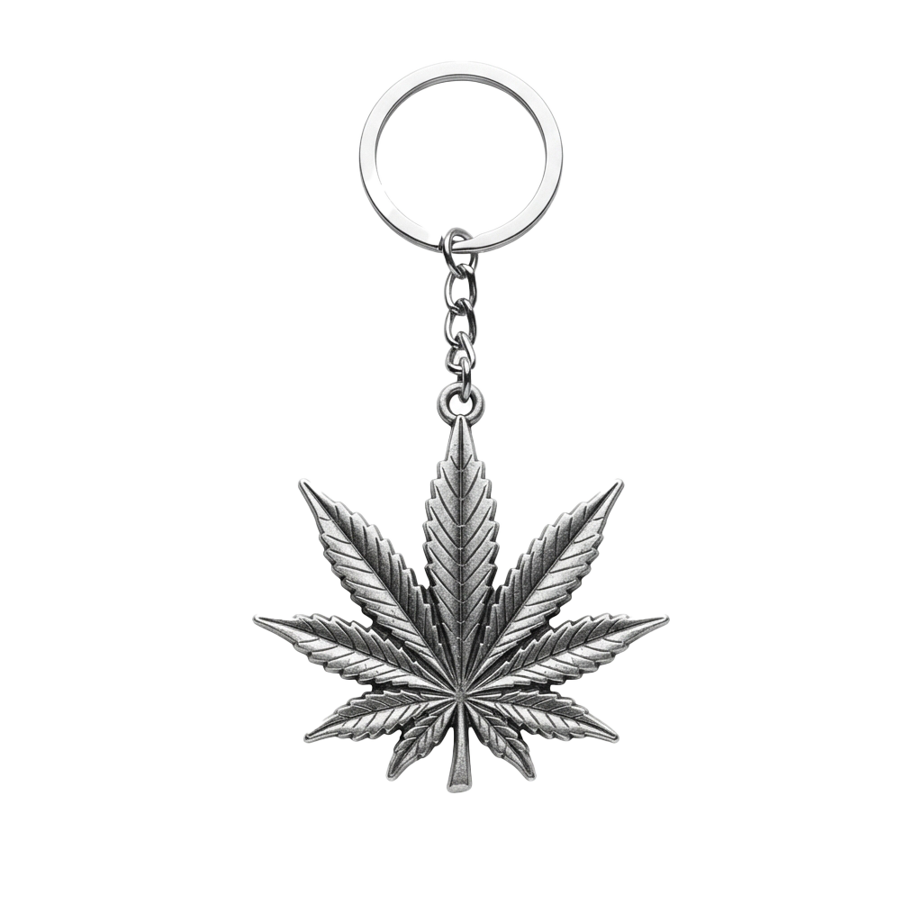 A silver keychain featuring a detailed cannabis leaf pendant attached to a split ring keyring