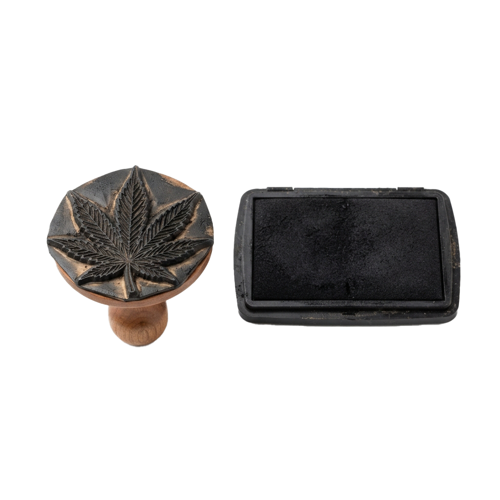 Dark ashtray with a cannabis leaf design and matching rectangular grinder on black background