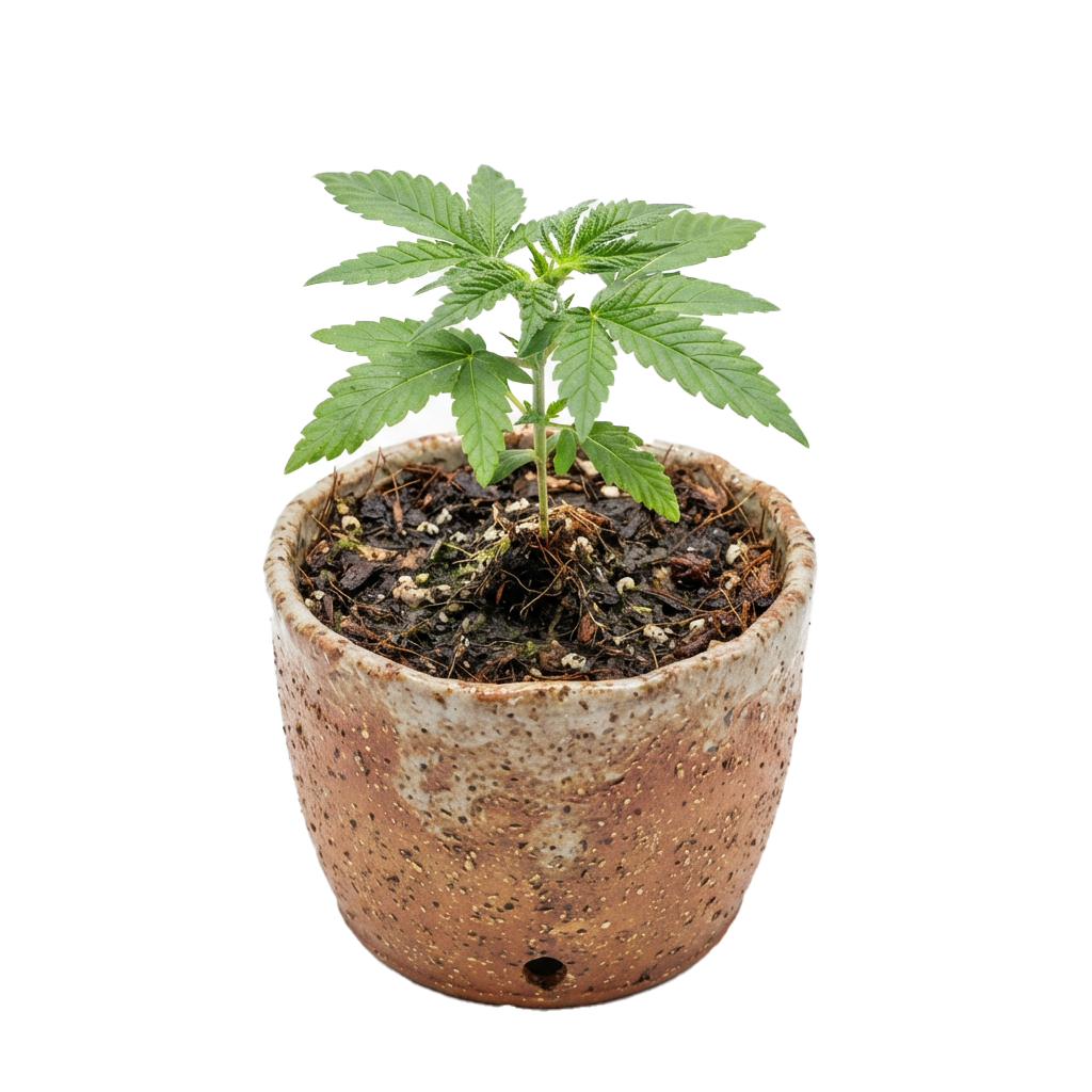 A young cannabis plant with green leaves growing in a small terracotta pot filled with soil