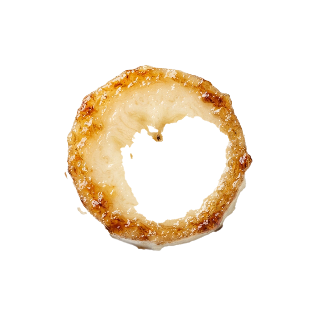 A golden-brown ring-shaped donut with a crispy exterior and a hollow center