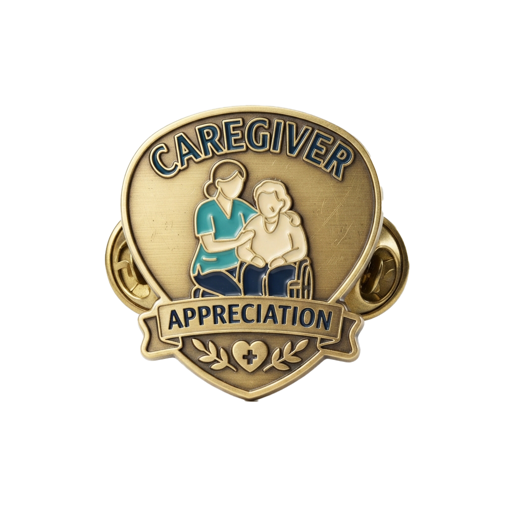 Gold-colored badge showing a caregiver assisting a person in a wheelchair with the words Caregiver and Appreciation