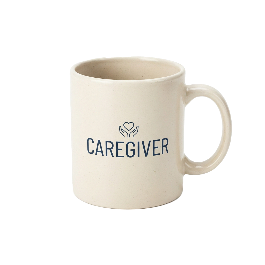 A white ceramic mug with the word caregiver and two hands forming a heart above it