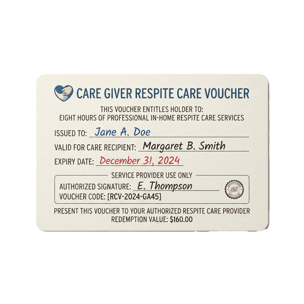 A voucher for eight hours of professional in-home respite care services, valid until December 31, 2024.