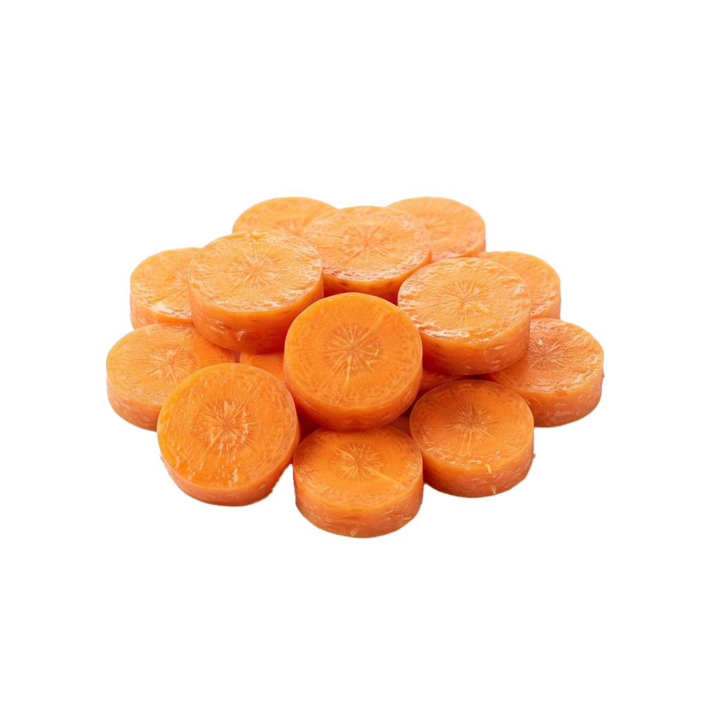 A pile of round orange carrot slices arranged on a black background