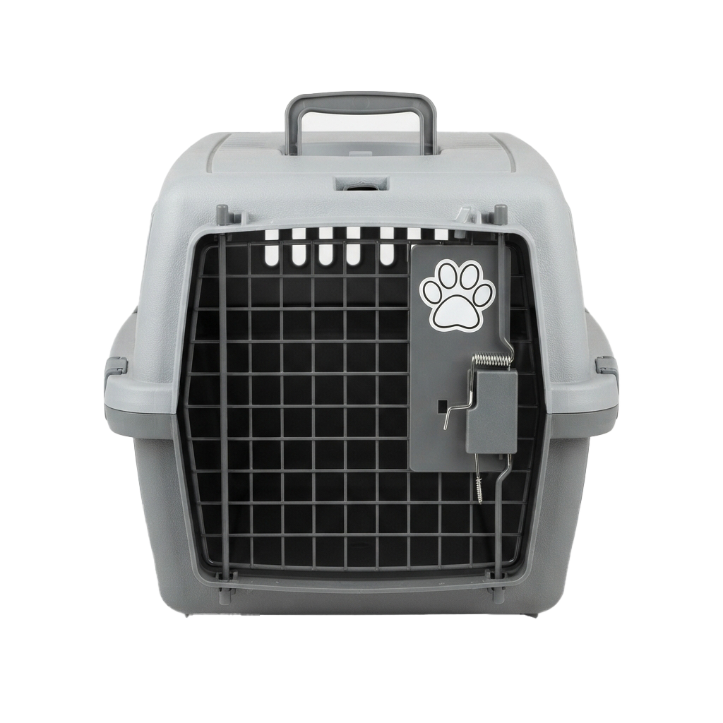 Gray plastic pet carrier with a paw print logo on the door latch, open and showing ventilation grid