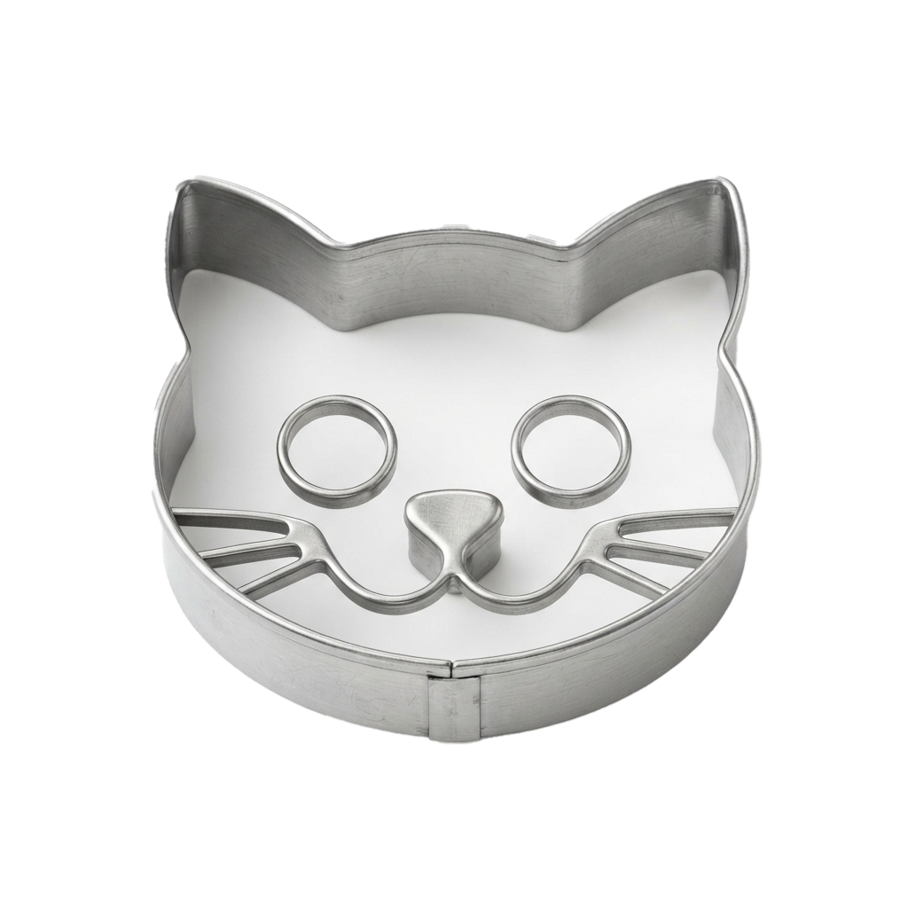 A cat face shaped silicone baking mold with detailed whiskers, nose, and eye cutouts