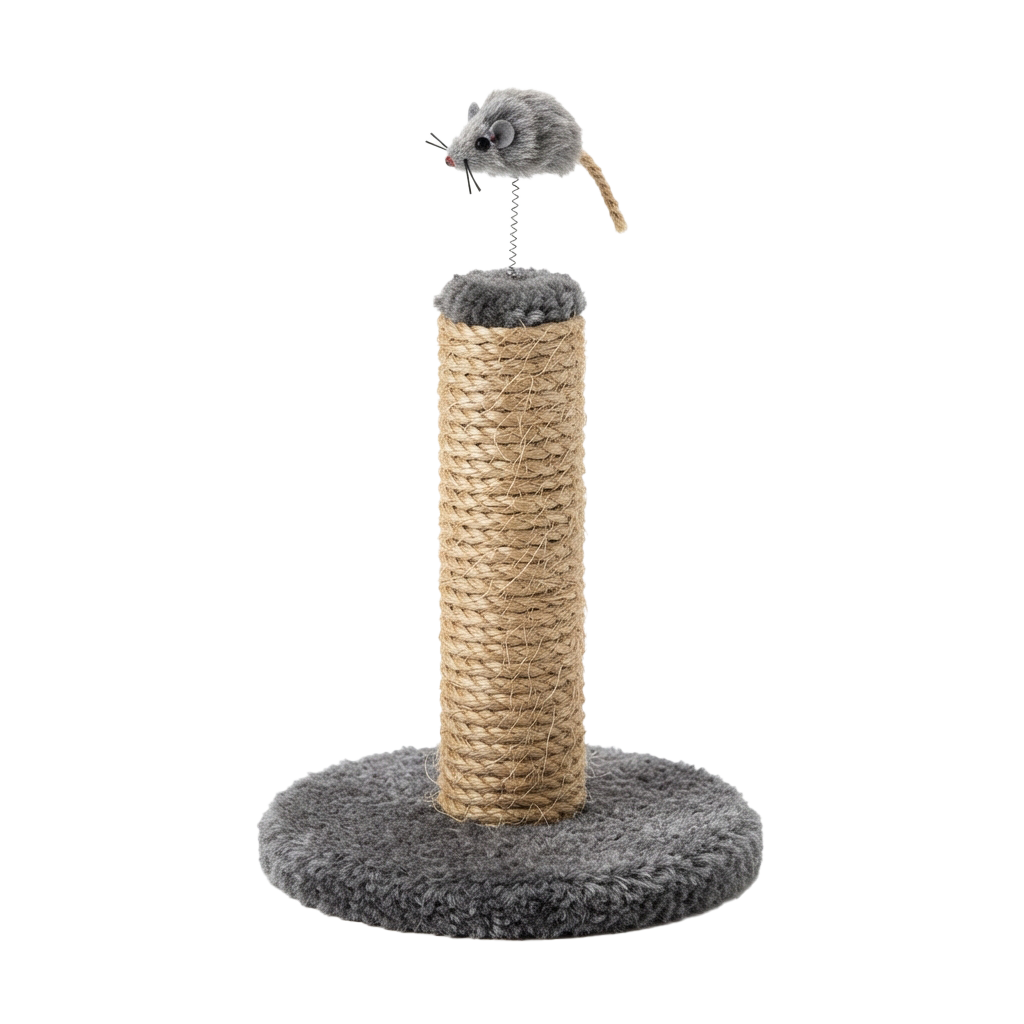 A plush toy mouse dangling from a tall sisal-wrapped scratching post with a fuzzy base
