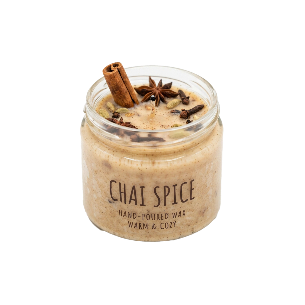 Jar candle with chai spice wax, cinnamon stick, and star anise on top against black background