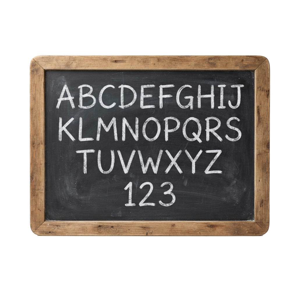 A wooden-framed chalkboard showing uppercase letters A-Z and numbers 123 in white chalk