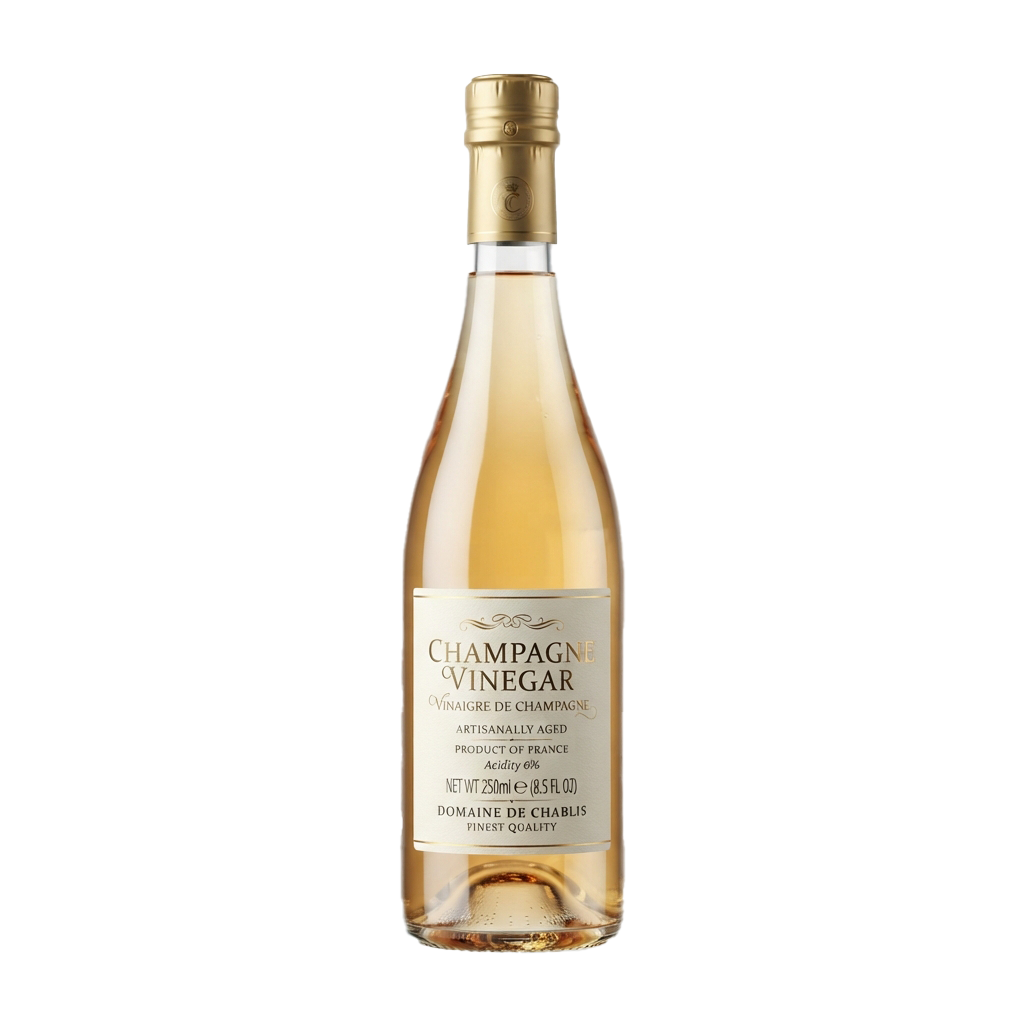 A bottle of champagne vinegar labeled artisanal aged, product of France, with gold foil top.