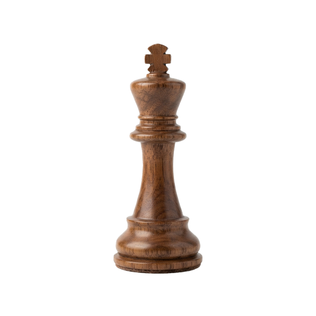 A detailed view of a wooden chess king piece with a cross top