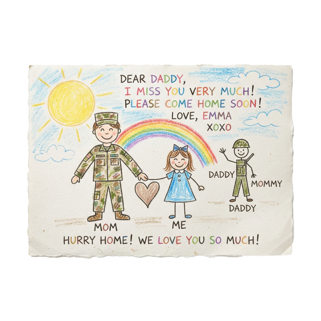 Colorful child drawing of a family with a soldier dad, mom, and child holding hands under a rainbow with a message about missing daddy.