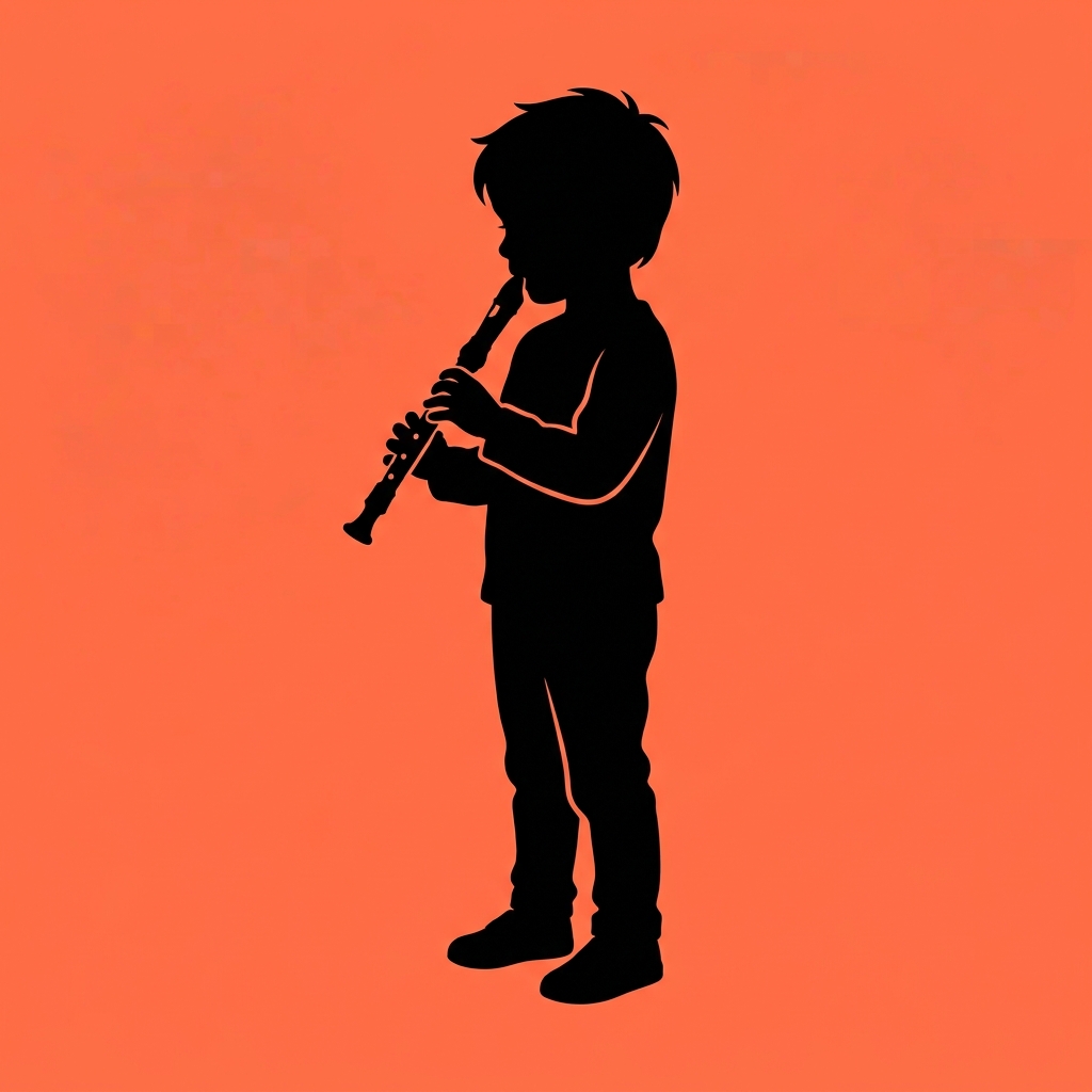 Silhouette of a child playing a clarinet against an orange background