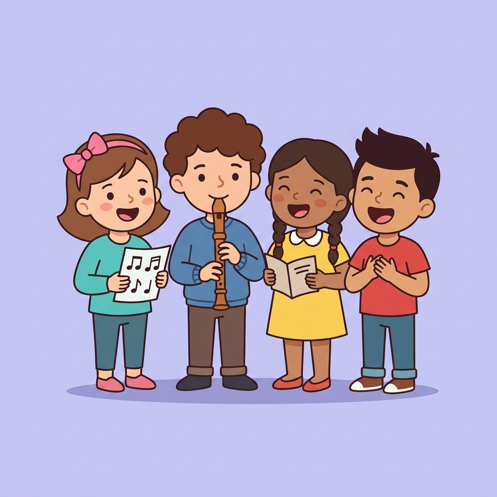 Four smiling children singing and playing musical instruments together
