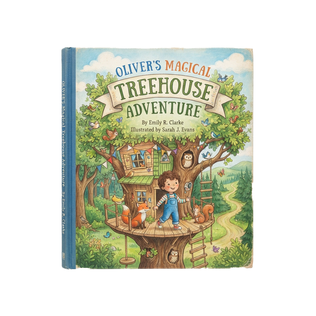 Boy standing on a treehouse platform surrounded by forest animals and a whimsical treehouse scene