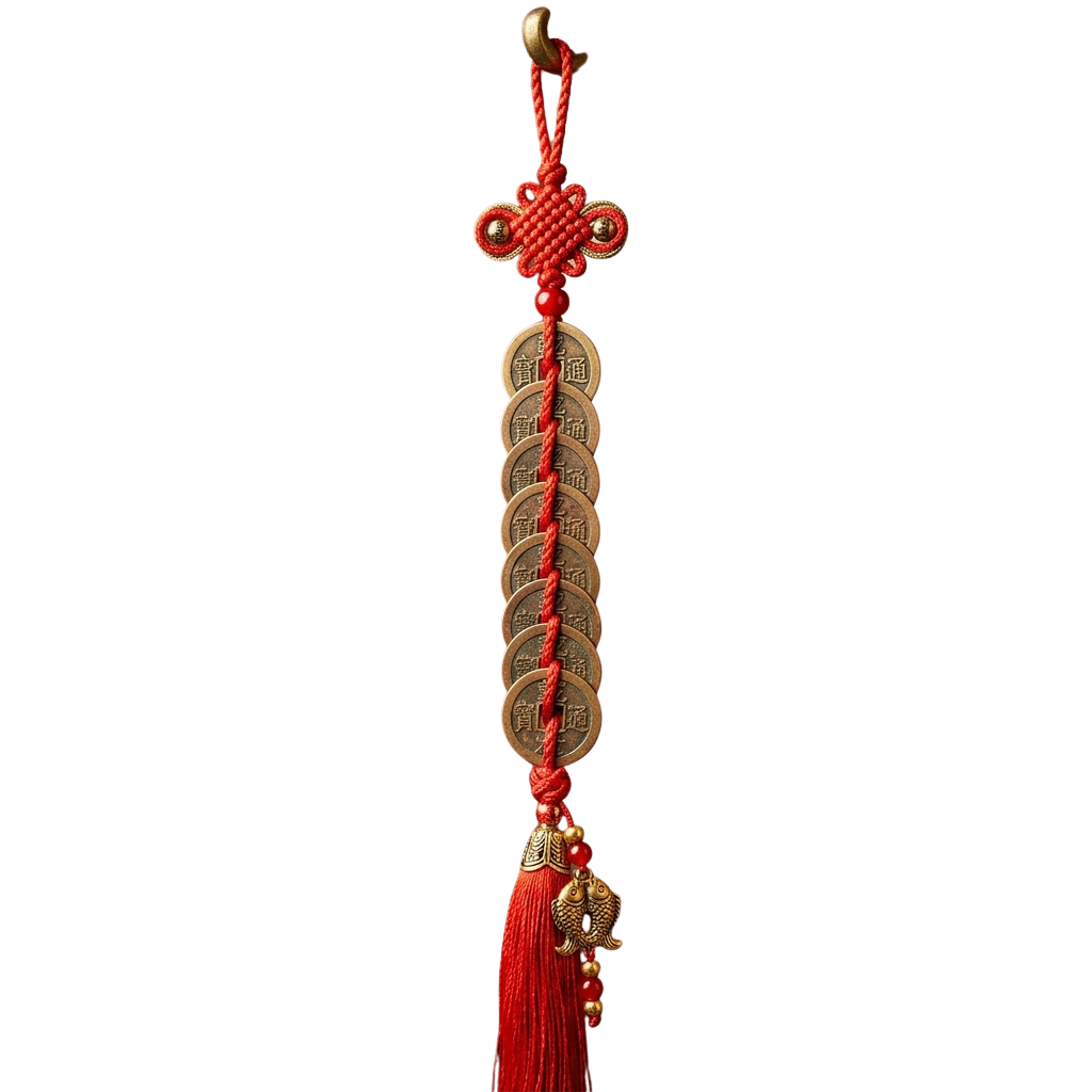 Red braided tassel with golden coins and decorative charms hanging against a dark background
