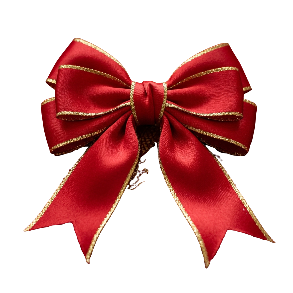 A large red velvet bow with gold trim tied intricately against a black background