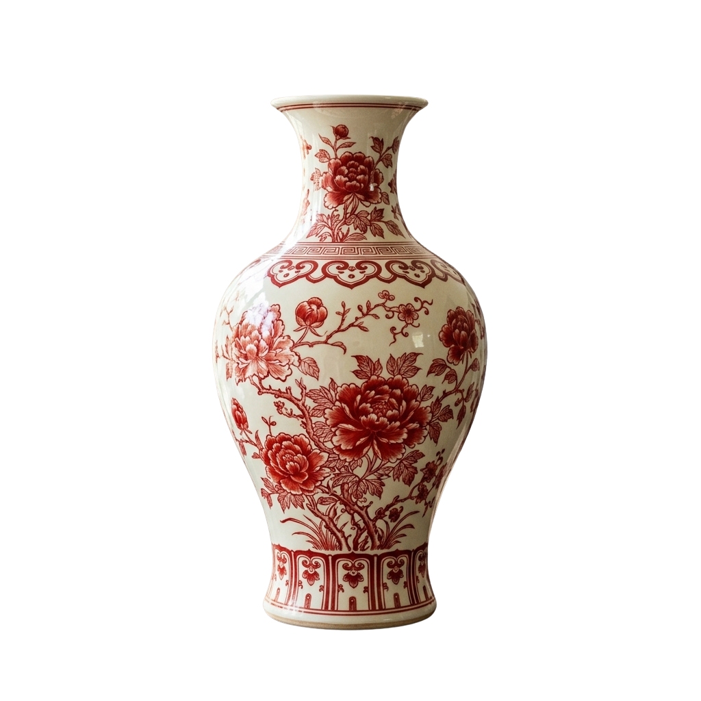 A tall ceramic vase with red floral and leaf patterns on a white background.