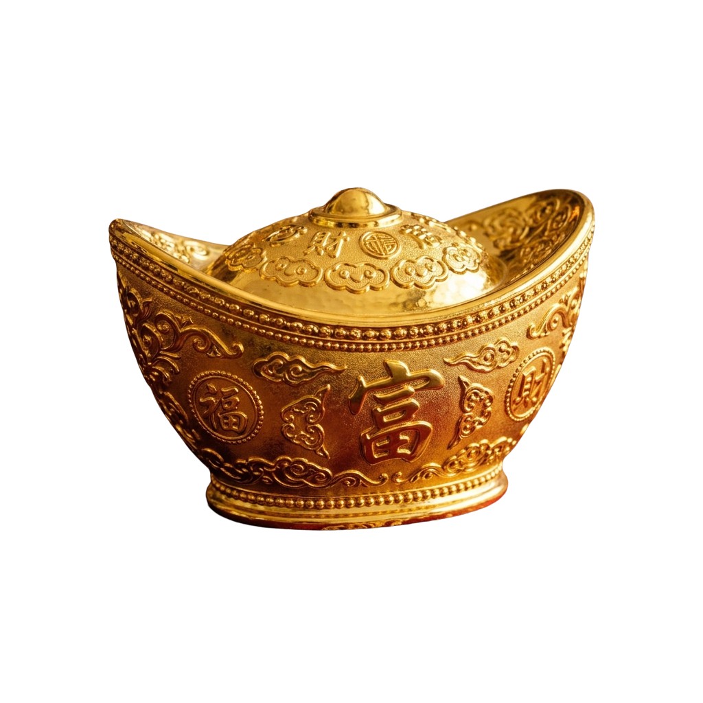 Golden Chinese ingot with intricate cloud and character designs, including a lid