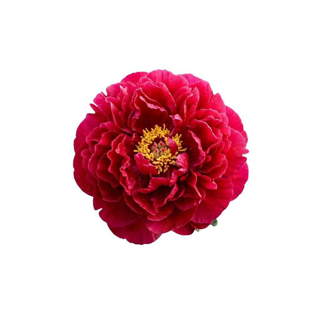 A close-up image of a vibrant deep pink peony flower with yellow center against a black background