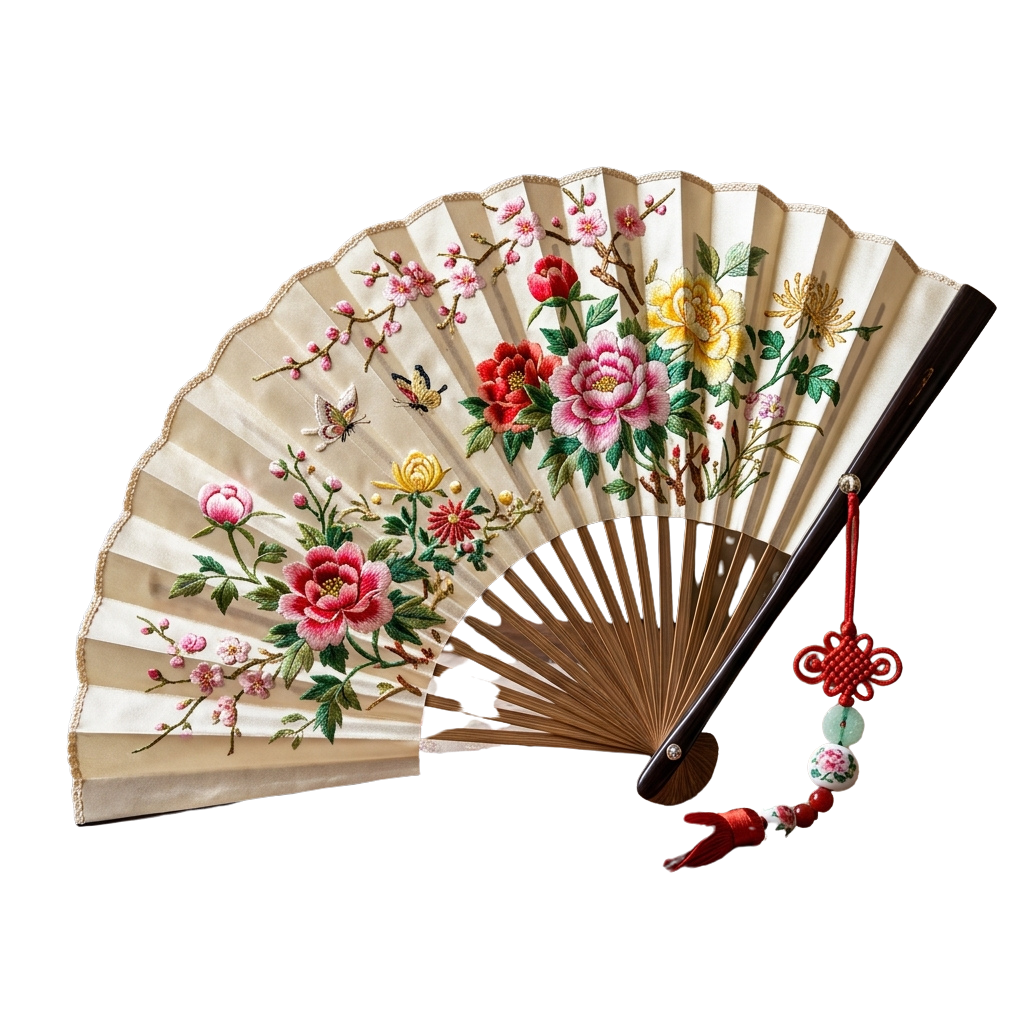 An ornate hand-painted fan featuring colorful flowers and a red tassel hanging from the handle