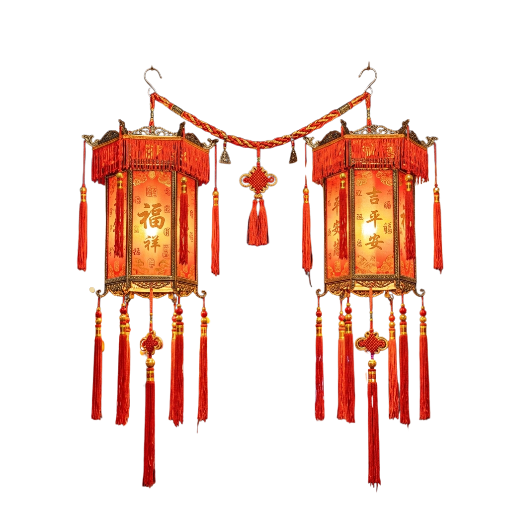Two ornate red paper lanterns with gold trim and tassels hanging side by side against a dark background
