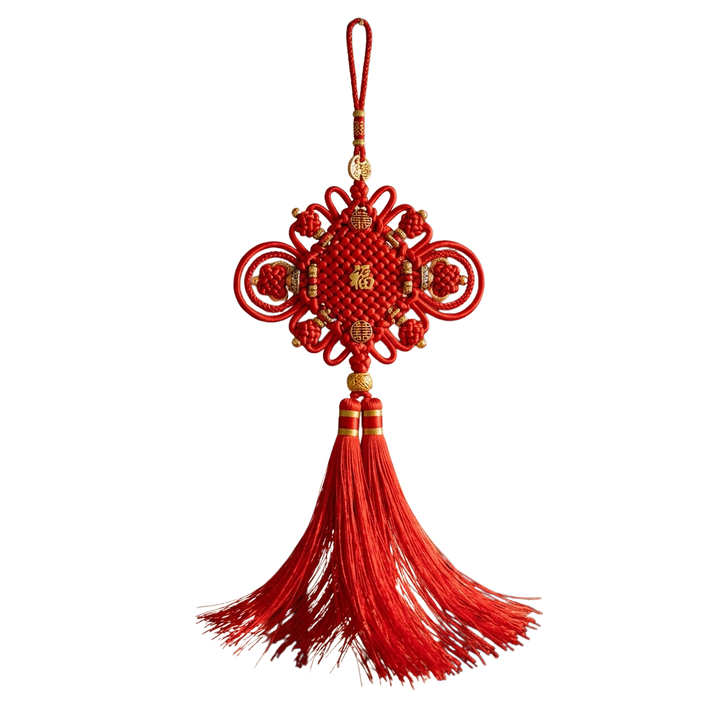 A decorative red Chinese knot with gold accents and a long red tassel hanging from the bottom
