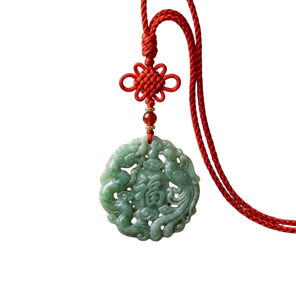 A jade pendant with detailed floral carving hanging from a red braided cord with a decorative knot.