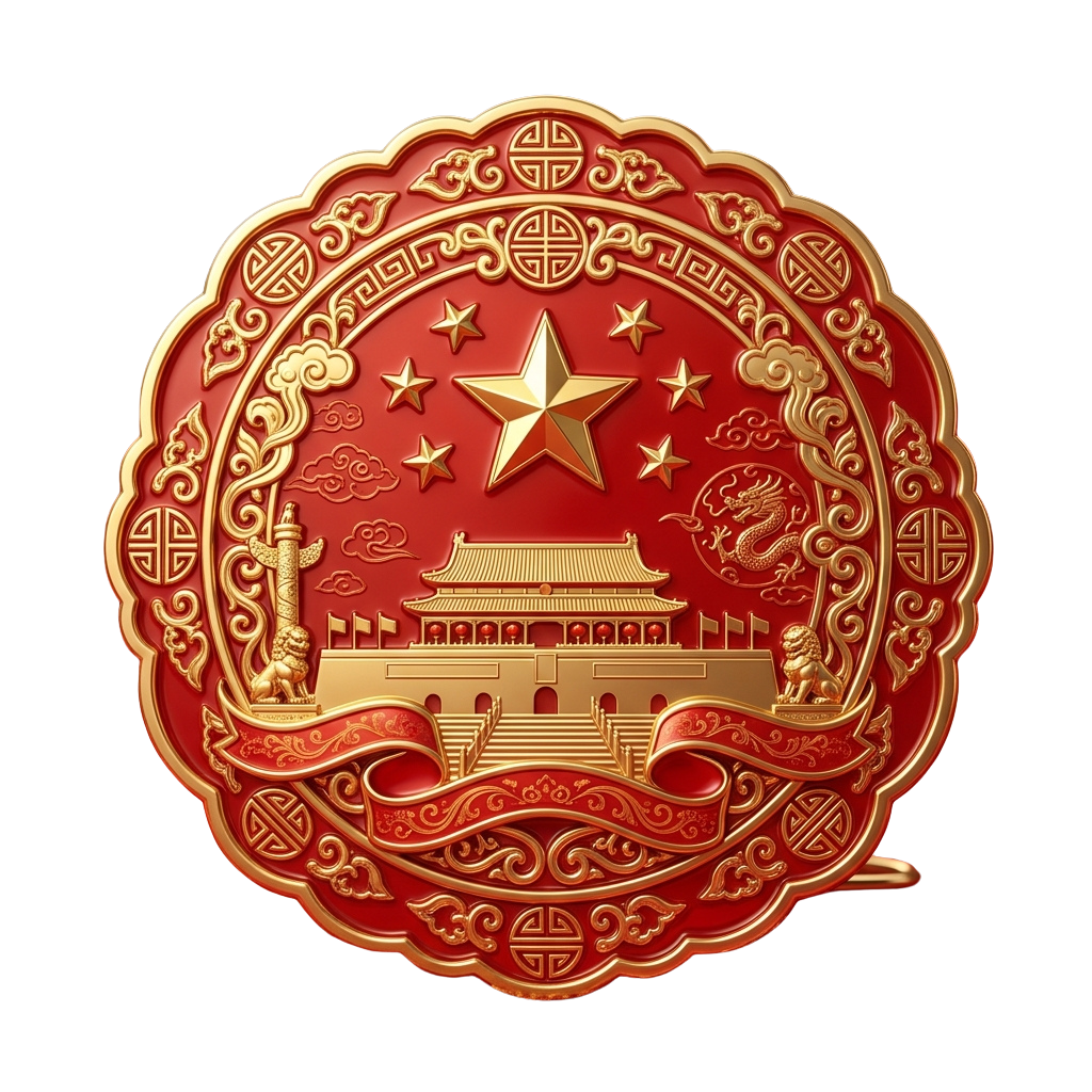 Decorative round seal featuring a golden star, Chinese palace, dragon, clouds, and intricate traditional designs on red background