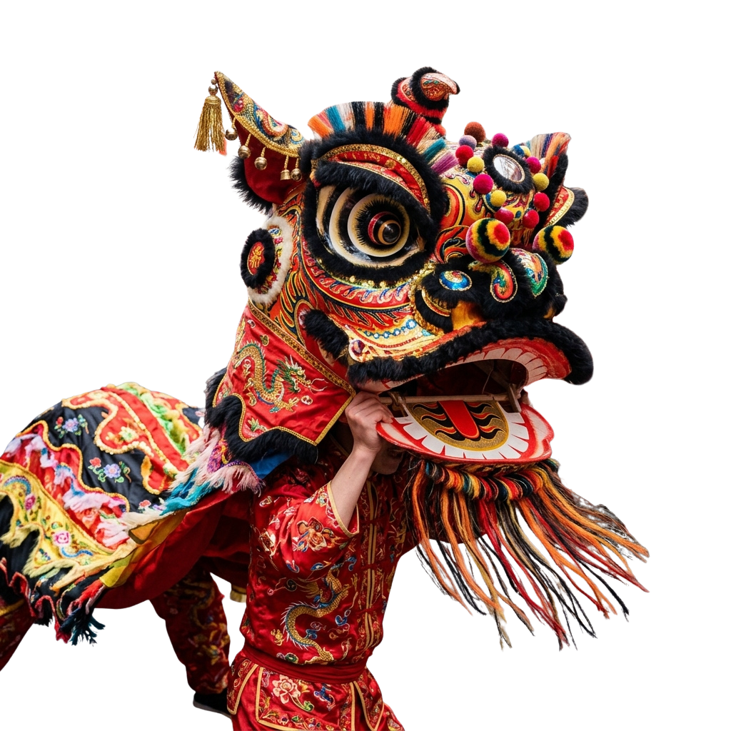 Person wearing a vibrant lion dance costume and mask with intricate patterns and flowing fringe.