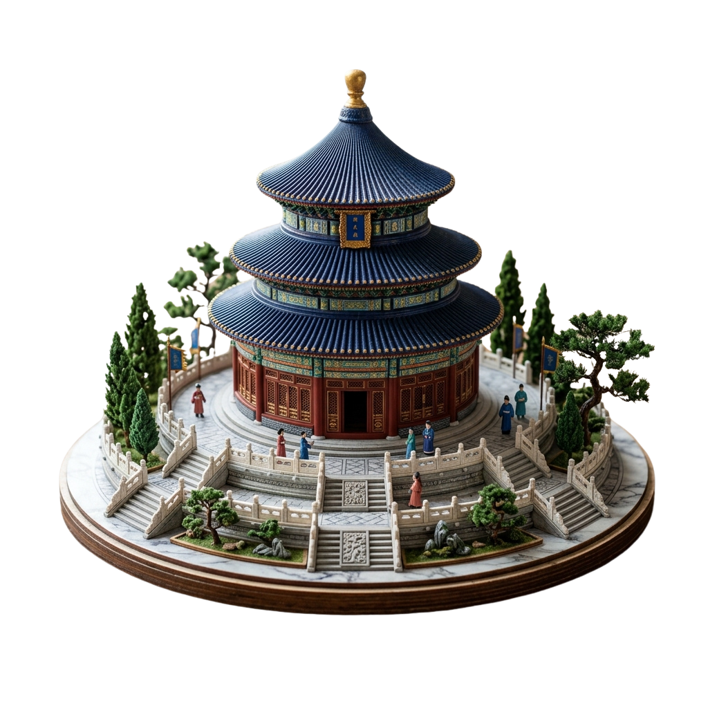 Detailed miniature model of a traditional Chinese pagoda-style temple with stairs, trees, and figures