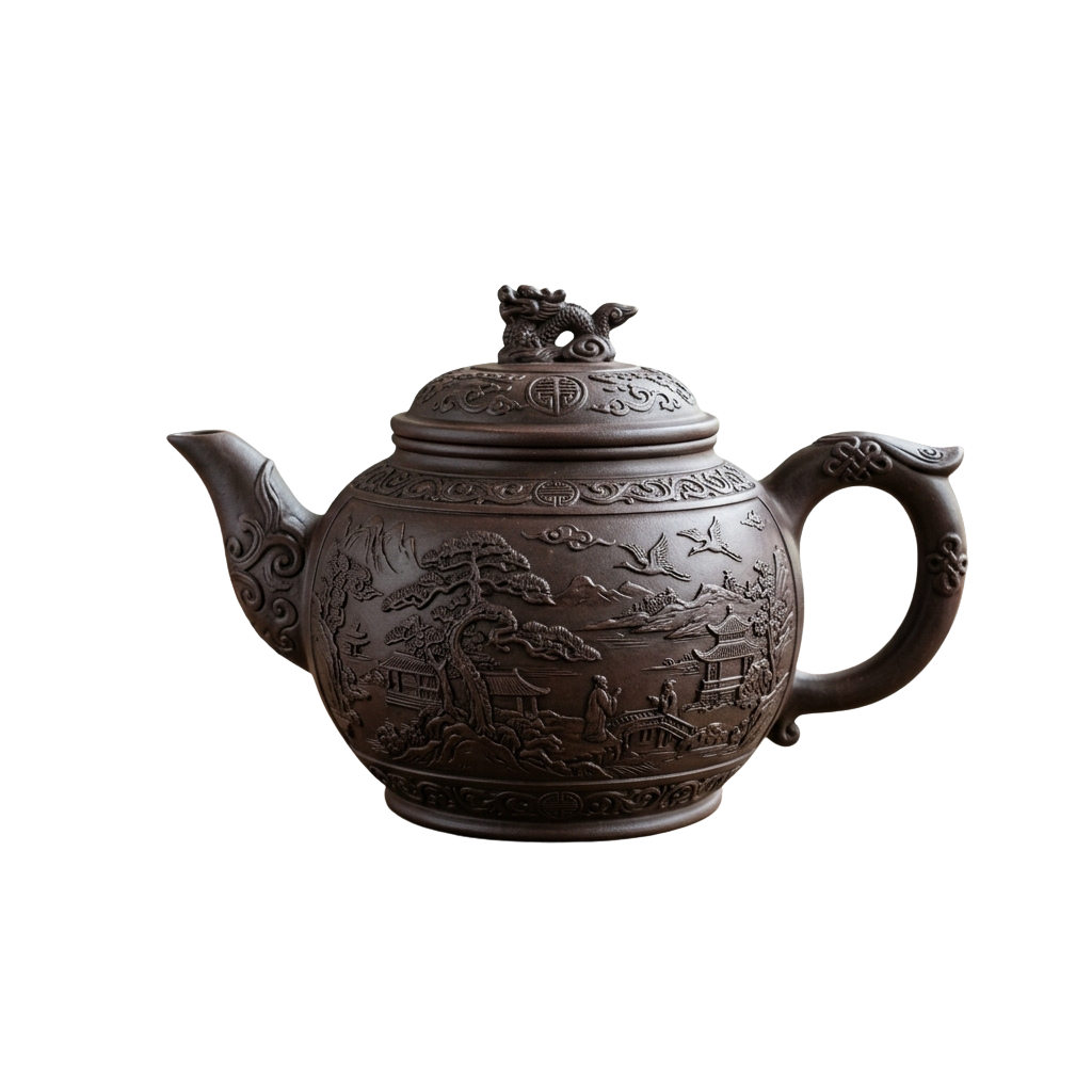 Decorative ceramic teapot featuring detailed carved scenes of nature and traditional architecture