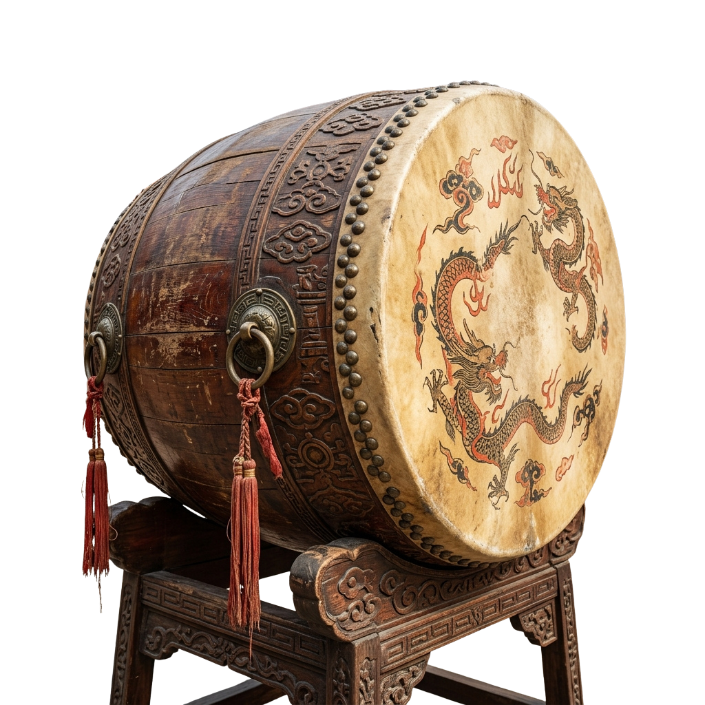 Large decorative drum with dragon artwork and metal rings, placed on an ornate wooden stand