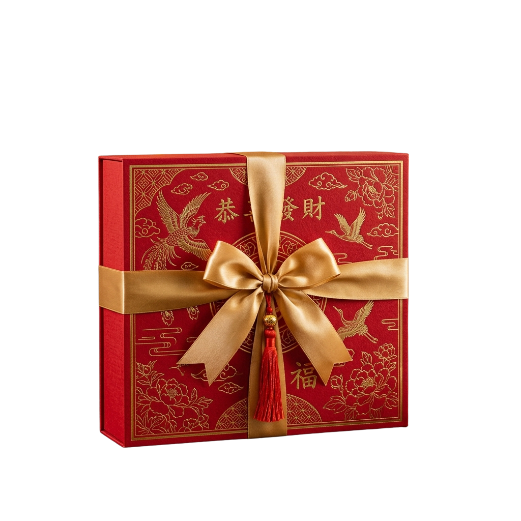 Red gift box adorned with golden ribbon bow and phoenix pattern, tied with decorative tassel.
